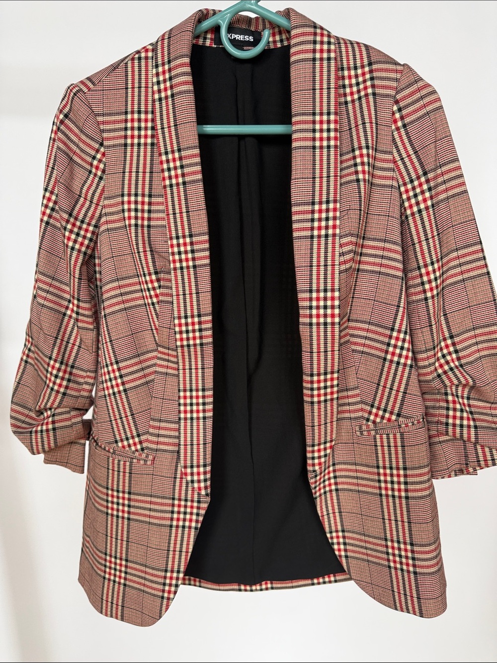 Express Plaid Open-Front Blazer in Red and Black plaid